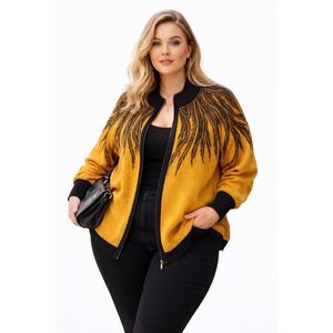 Woman's Plus 1x Bob Mackie Wearable Art Zip Down Sweater  Feather Print Mustard